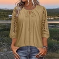 thumbnail image 5 of ClodeEU Women's Lace Patchwork 3/4 Sleeve Crewneck Top ,Solid Color Casual Spring Summer Blouse Khaki,Women's Plus M, 5 of 7