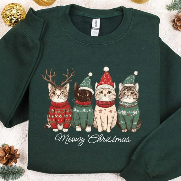 Meowy Christmas Cat Sweatshirt | Cute Holiday Kitty Sweater Pullover