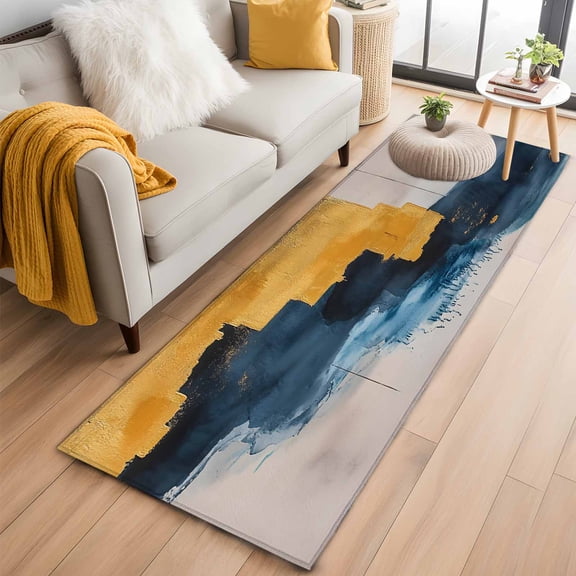 2'x6' Rug Runners for Hallways Kitchen, Navy Blue Yellow Non Slip Entryway Beside Floor Carpet Runner, Vintage Modern Art Abstract Washable Laundry Room Bedroom Throw Rugs Mat for Family Pet