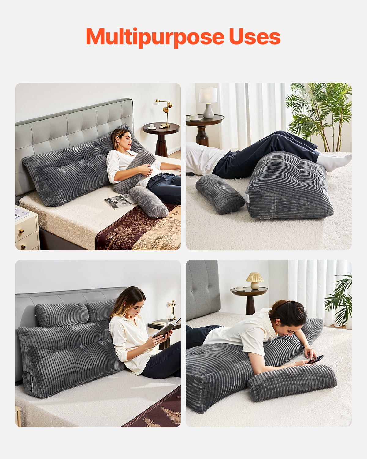 VEVOR Headboard Pillow, Queen Size Wedge Headboard Pillow with 2 Side Pockets and 2 Headrests, Bed Wedge Pillow with Washable Flannel Cloth, for Reading, Gaming, Resting, Working in Bed, Grey
