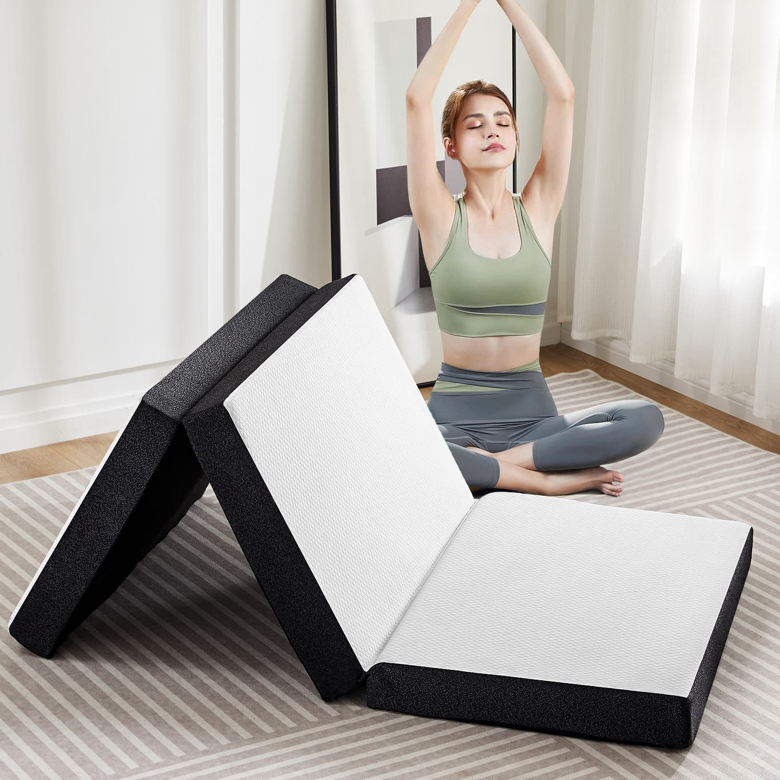 MAYEERTY 4" Tri-Fold Memory Foam Mattress Portable Foldable Non-Slip Floor Bed for Camping & Guest Use, Twin XL