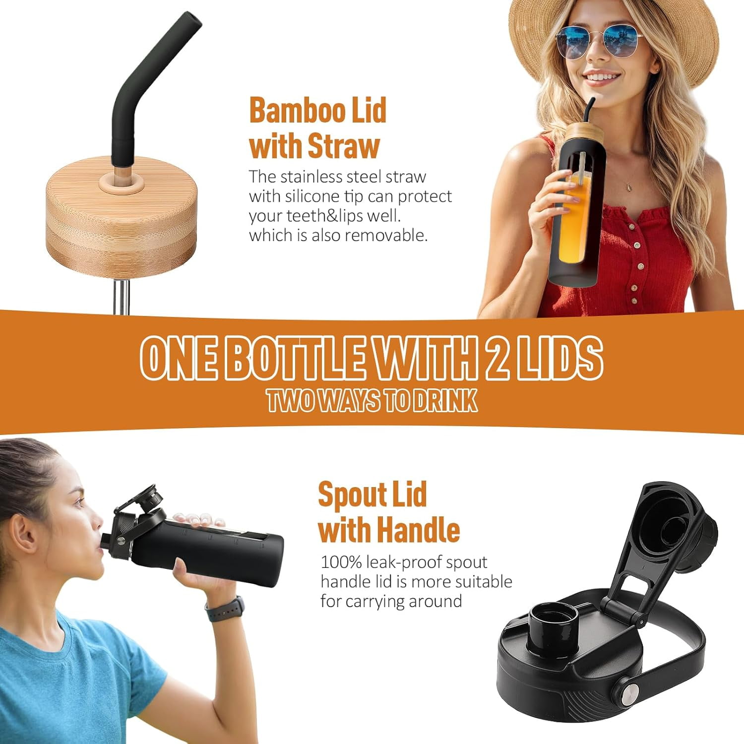 MUKOKO Glass Water Bottle, 32oz Sports Drinking Tumbler with Silicone Sleeve and Straw, 1 Cup 2 Lids, Black