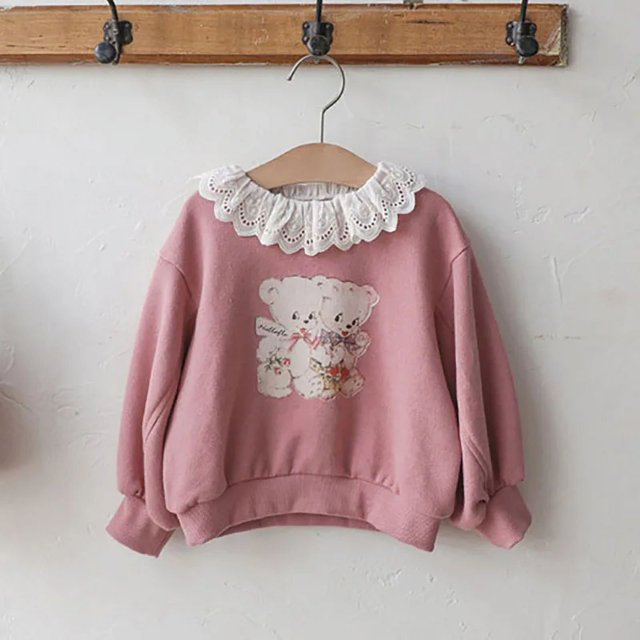 2-8 Y Spring Girl's Hoodies Cute Childrens Lace Lapel Sweatshirt Girls Cartoon Bear Pullover Shirts Kid's Autumn Clothing