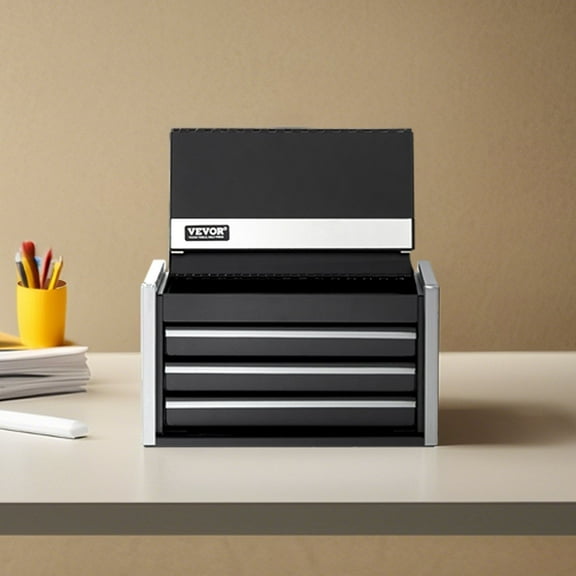 Black 8.6-inch Tool Box with 3 Drawers, Metal Portable Tool Organizer for Home & Workshop Storage