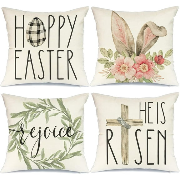 Easter Pillow Covers 20x20 Set of 4 Easter Decorations for Home He is Risen Floral Pillows Bunny Easter Buffalo Plaid Eggs Decorative Throw Pillows Spring Easter Farmhouse Decor