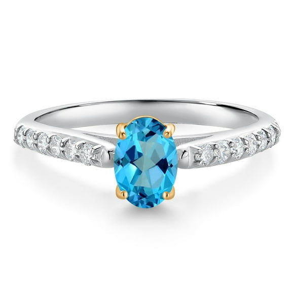 Gem Stone King 10K White and Yellow Gold American Blue Mystic Topaz and White Lab Grown Diamond Engagement Ring for Women (1.18 Cttw, Oval 7X5MM, Gemstone Birthstone, Size 7)