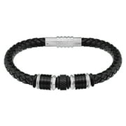 Mens Black Leather Stainless Steel Bracelet