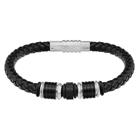 Mens Black Leather Stainless Steel Bracelet