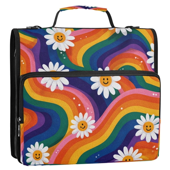 Zipper Binder 3 Rings Stationery Office Files Daily Organizer File Folder Storage Bag Rainbow-colored Waves with Daisies