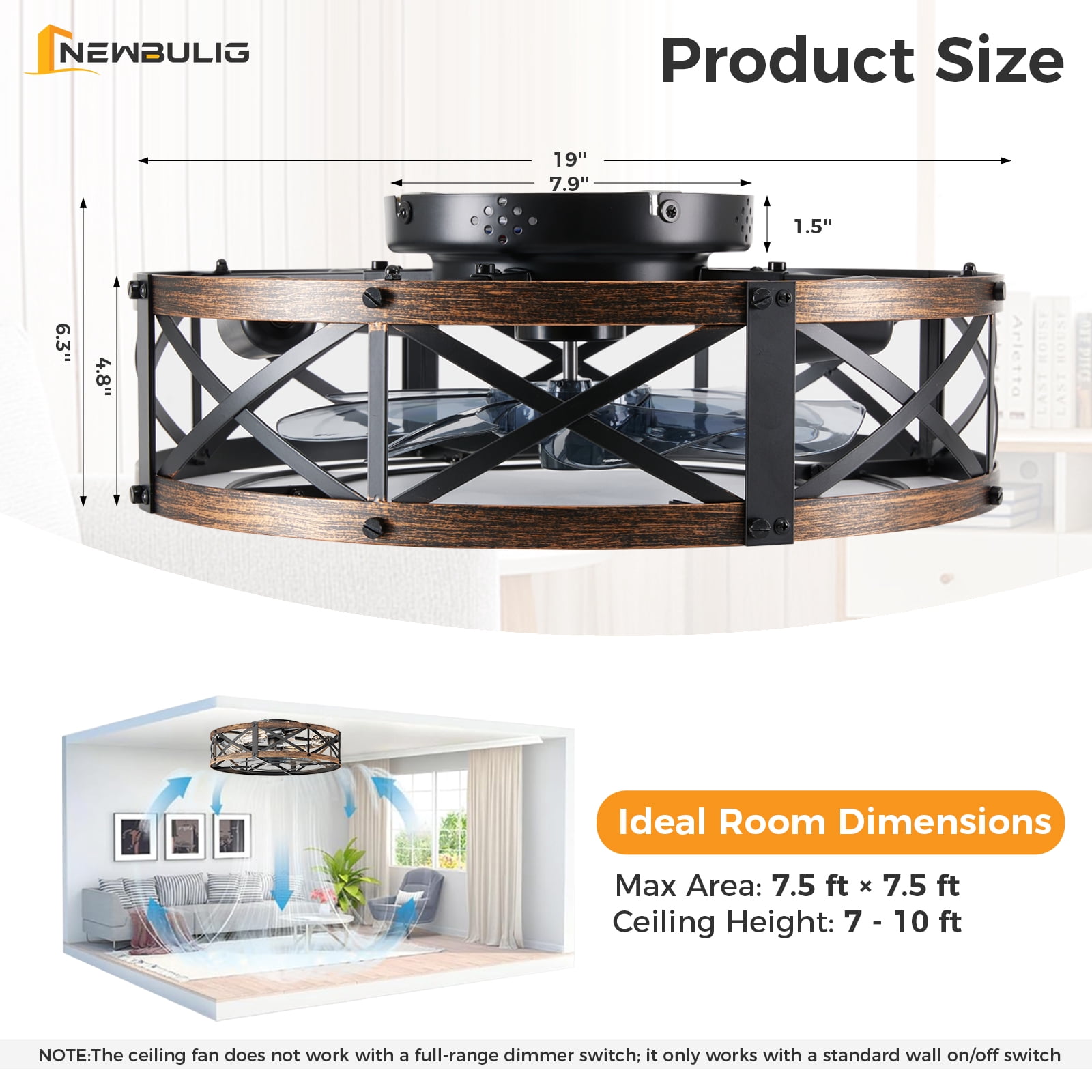 19in Caged Ceiling Fan with Remote, Industrial Farmhouse Ceiling Fans with Lights,Flush Mount with 6 Wind Speeds for Bedroom Kitchen, Gold
