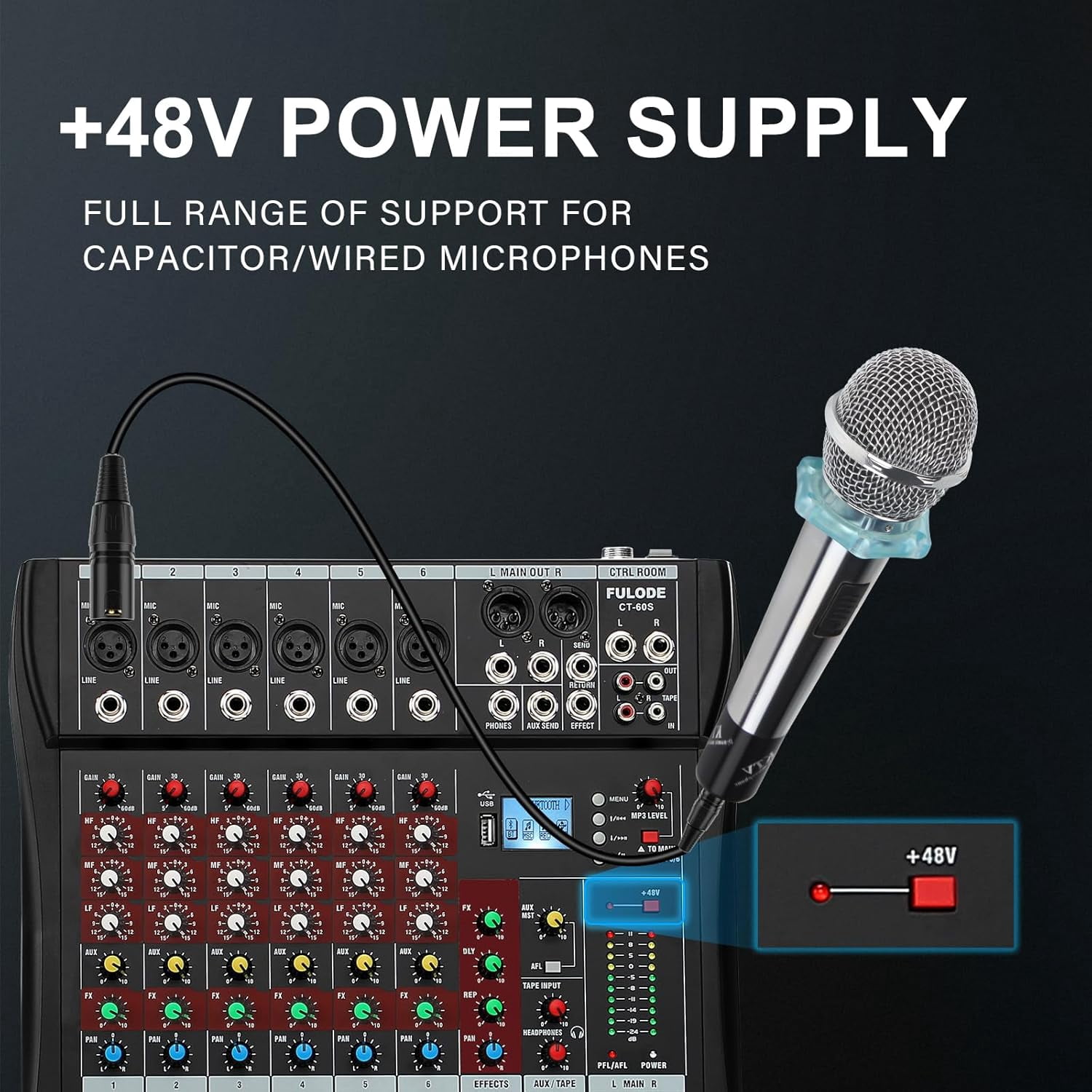 6 Channel Mixer Audio Console, CT-60S Professional Music Mixer DJ Mixing Board with Reverb Bluetooth MP3 Player 48V Phantom Power Supply USB Recording for Studio Karaoke Live Performance