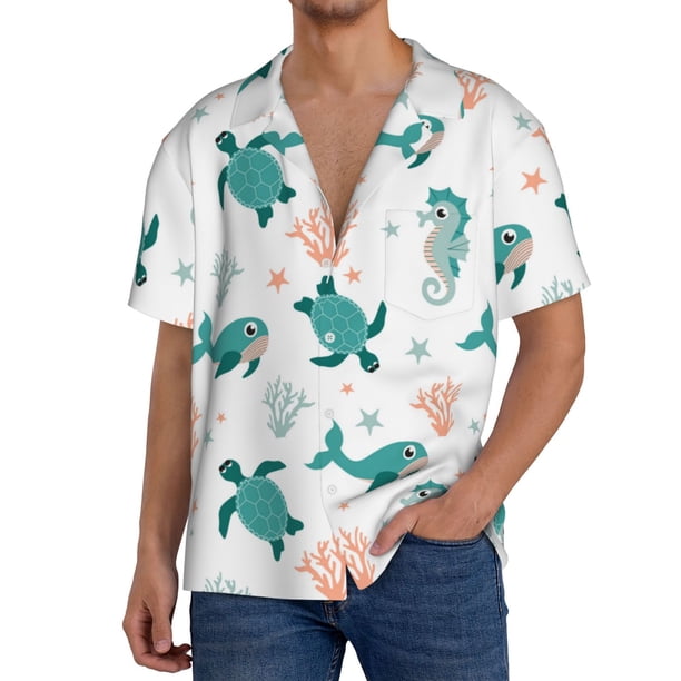 Balery Turtles And Seahorses Camisa Casual de Manga Corta con Botones para Hombre, Texturizada, Estilo Cubano, para Playa, Verano-Medium