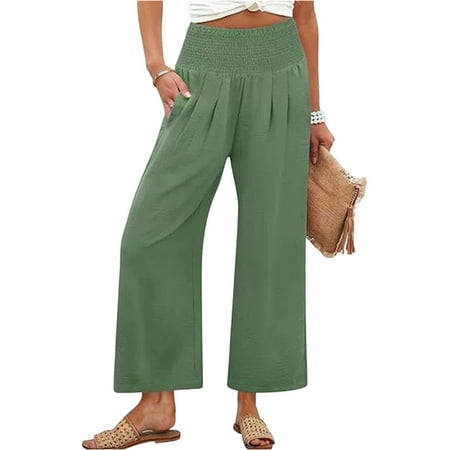 OIOLOYJM Womens Pants Wide Leg High Waisted Casual Palazzo Pants Spring Summer Flowy Beach Lounge Trousers with Pockets Green L