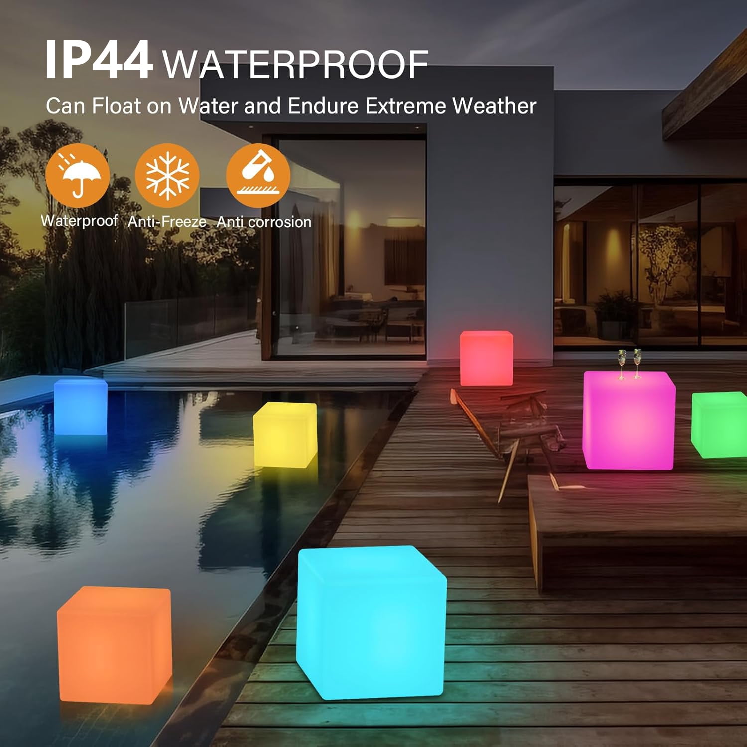 Postlucky Outdoor Solar LED Lamp, 11.8in Cube Waterproof Multicolor Dimmable LED Light for Garden Patio Yard Pool