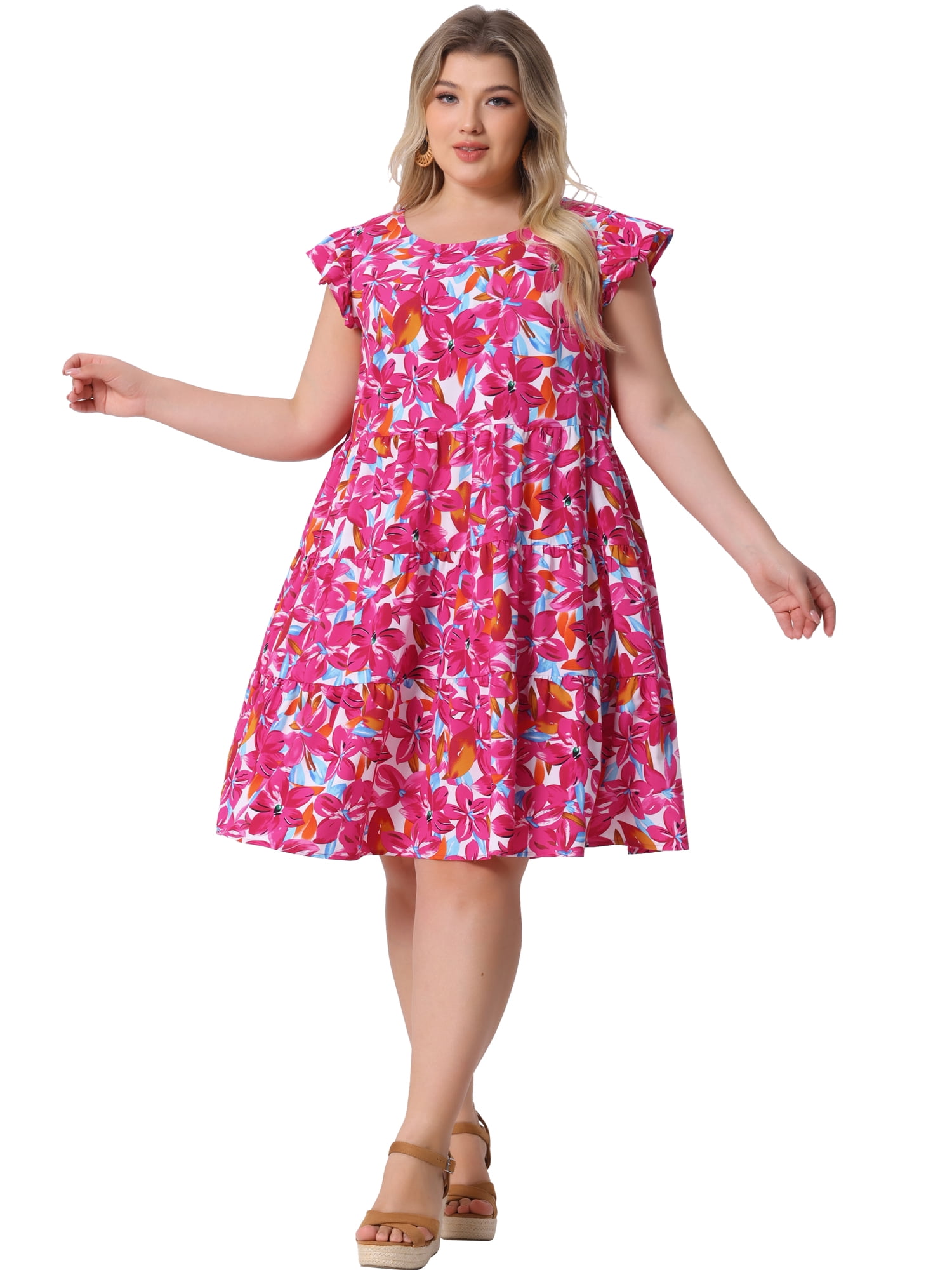 DARING DIVA Plus Size Boho Flutter Sleeves Round Neck Floral Print Dress 4X Red