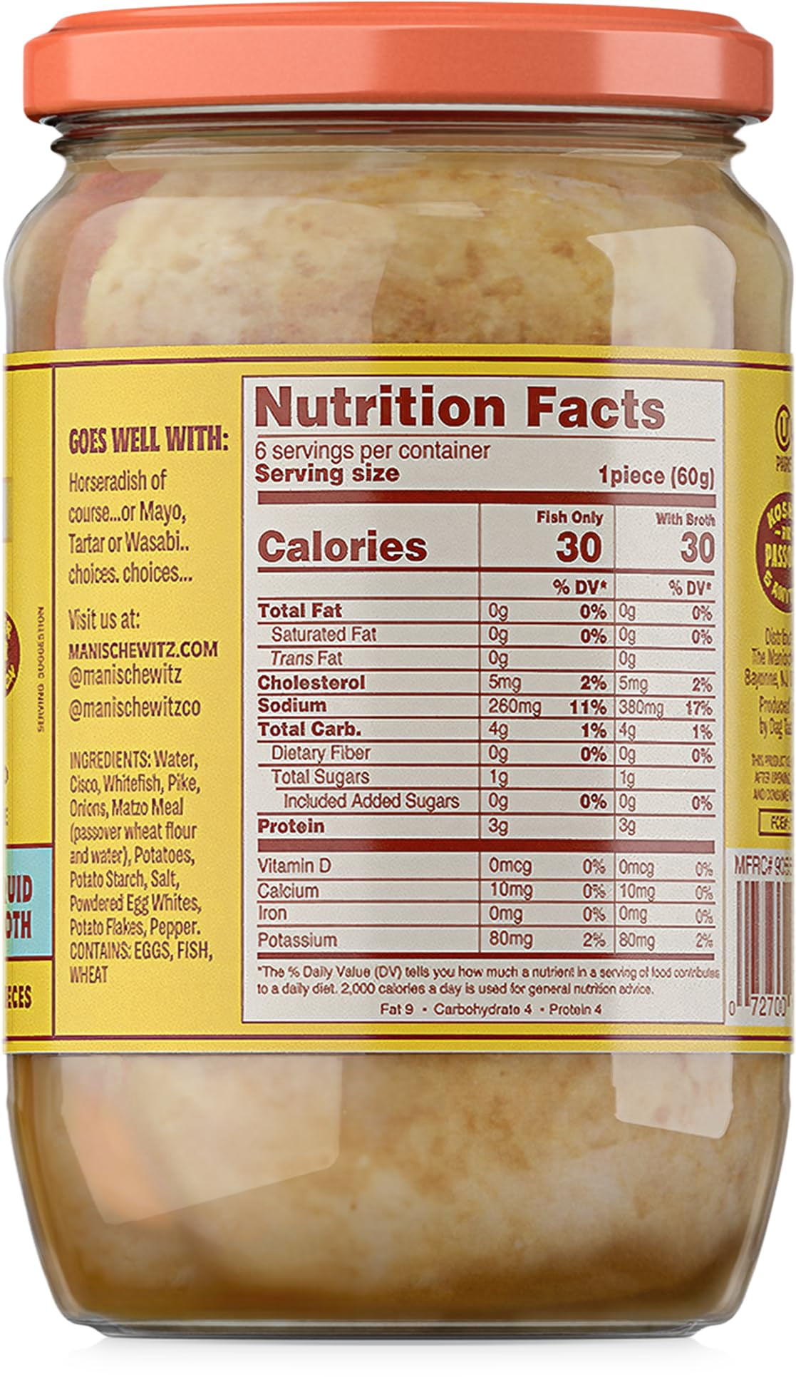 Manischewitz Whitefish & Pike Gefilte Fish in Liquid Broth 24oz 2 Pack, All Natural, Packed with Protein, No Added MSG, Kosher for Passover