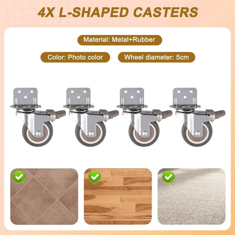 ANDUTEES Side Mount Casters Set Of 4 - 2 Inch Rubber Wheels, L-Shaped Locking Swivel Furniture Casters
