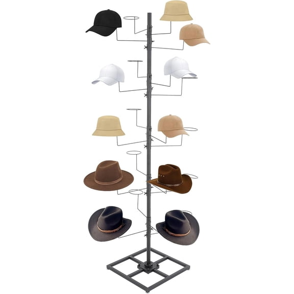 5 Tier Freestanding Metal Hat Organizer Rack with 20 Hookers, Rotating Hat Display Rack Floor Standing Hats Holder Tree Large Hats Organizer Cap Hanger (Black)