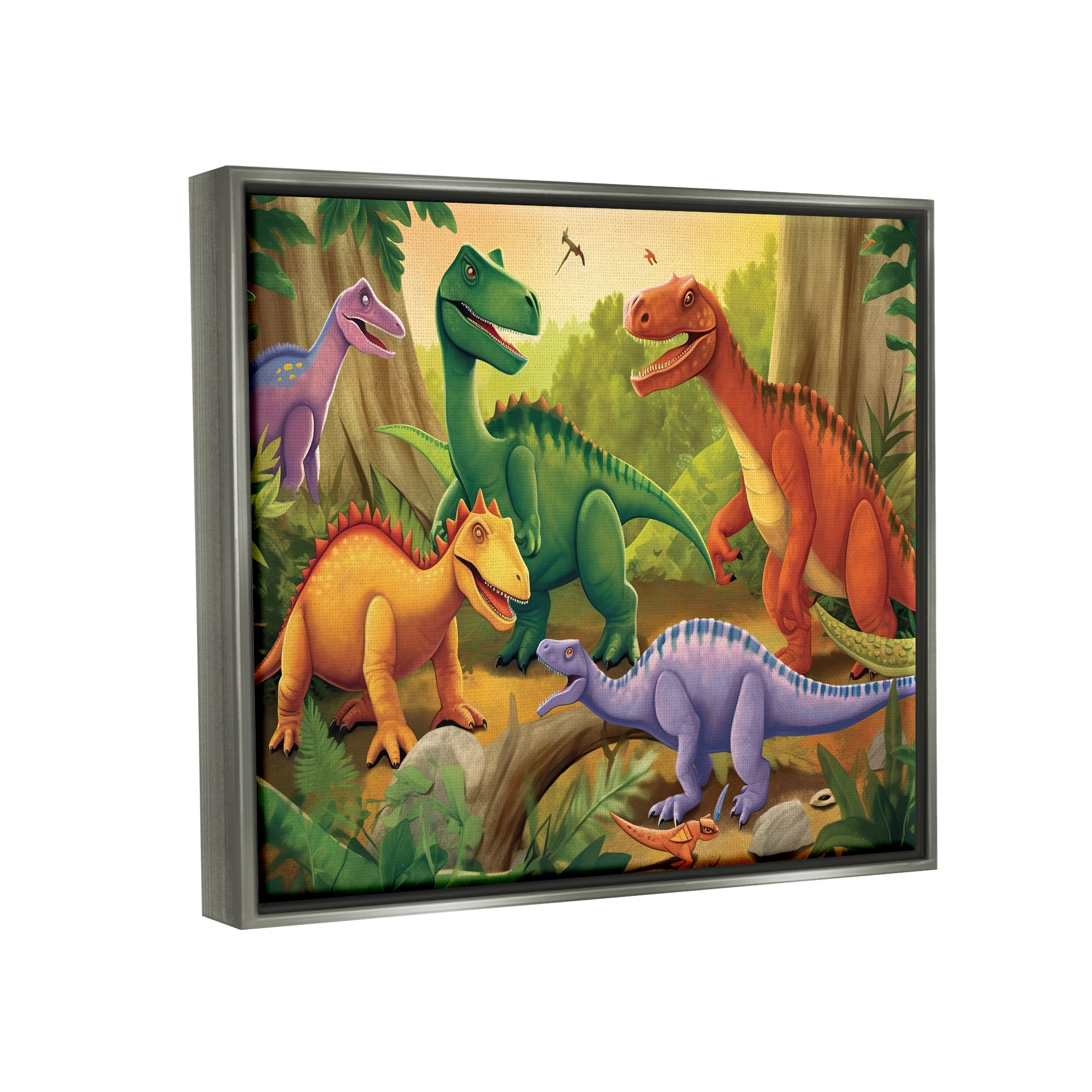 Stupell Industries Dinosaurs in Jungle Scene Animals & Insects Painting Gray Floater Framed Art Print Wall Art, 31 x 25