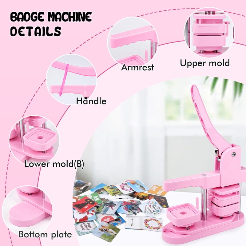 Square Badge Press Machine, Button Press Machine for 2 Inches / 50mm Square Fridge Magnetic Stickers, 100 Sets of Button Maker Supplies, Badge Maker Kit for Home School DIY Crafts, Business (Pink)