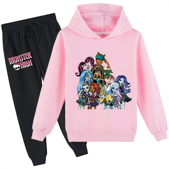 Girls 2 Piece Outfits Monster High Long Sleeve Tops and Sweatpants Set Graphic Pullover Sweatshirt Hooded for Kids