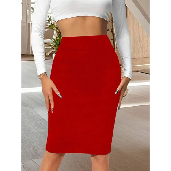 Red High-Waisted Bodycon Pencil Skirt Slim Fit Midi Length Solid Color