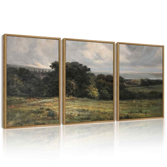 Drsoum Vintage Landscape Wall Art Rustic Countryside Meadow Farmhouse Decor Retro Vast Grassland Painting for Kitchen Living Room Bedroom 12x16in3pcs Brown Framed