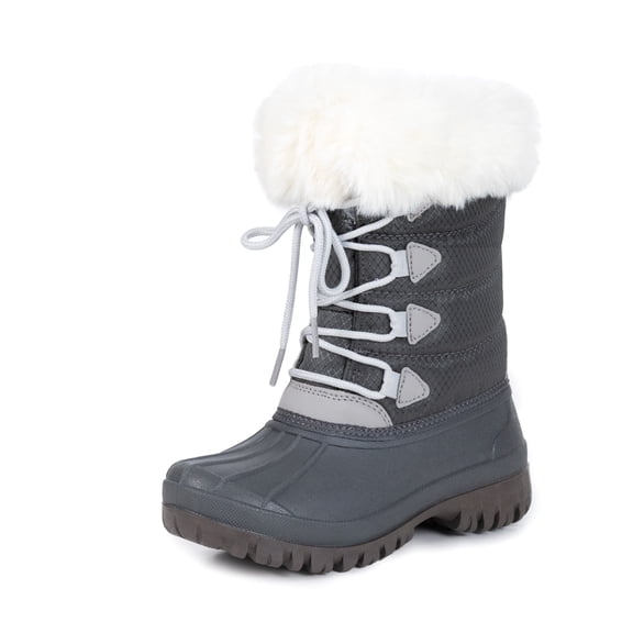 NIPAXO Kids Snow Boots Waterproof Winter Boots Grey Rubber Shell White Faux Fur Collar Classic Lace-Up Winter Boots for Boys Girls