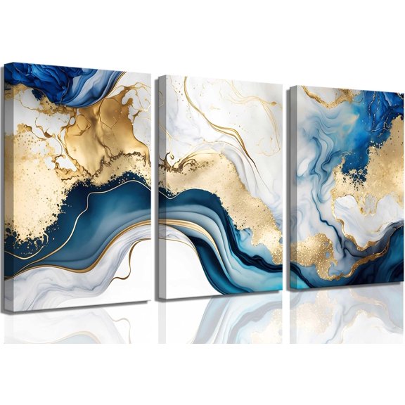 Blue Gold Marble Canvas Wall Art Abstract Blue Gold White Wall Decor Pictures Modern Paintings Posters Prints for Living Room Bedroom Office Home Decoration