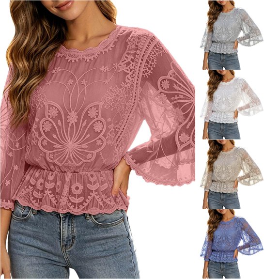 DHFJKG Boho Tops For Women Summer Lace Shirt Loose Fit Elastic Waist Top 3/4 Sleeve Loose Fit Bohemian Beach Cover Up T Shirts