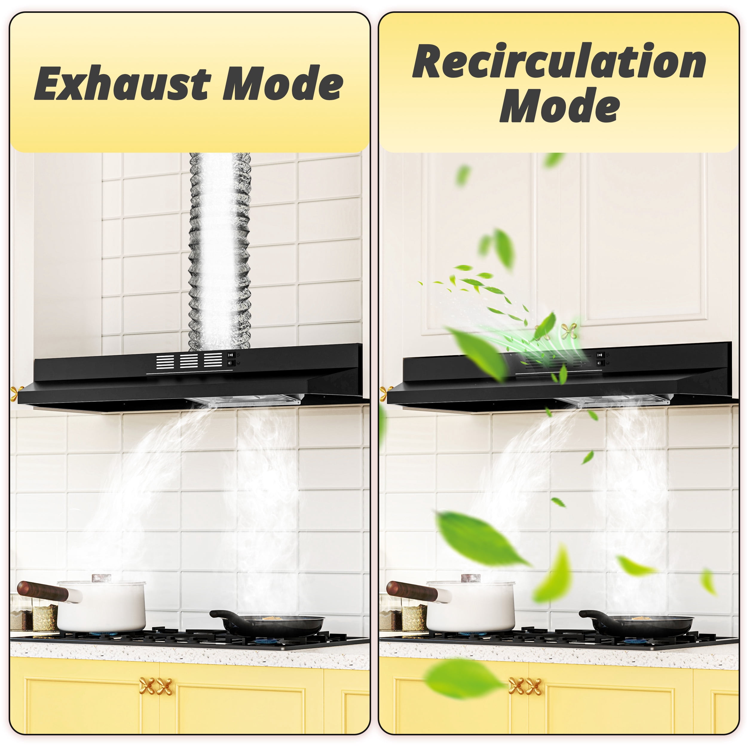 FIREGAS Black Range Hood 36 inch Under Cabinet Range Hood with 2 Speed Exhaust Fan,Ducted/Ductless Convertible,Rocker Button Control,300 CFM,Aluminum Filter