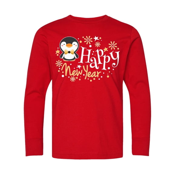 Inktastic Happy New Year with Cute Penguin Long Sleeve Youth T-Shirt