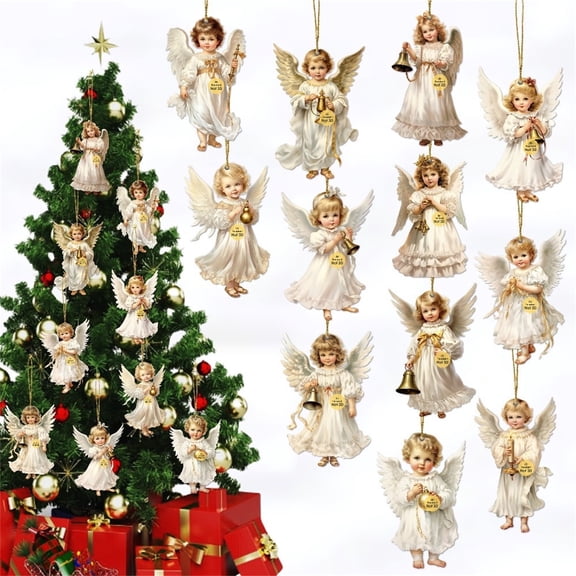 12 Pieces Angel Christmas Ornaments Wooden Vintage Christmas Tree Decorations Hanging Ornaments for Christmas Tree Home Indoor Holiday Decorations (3.15 Inch)