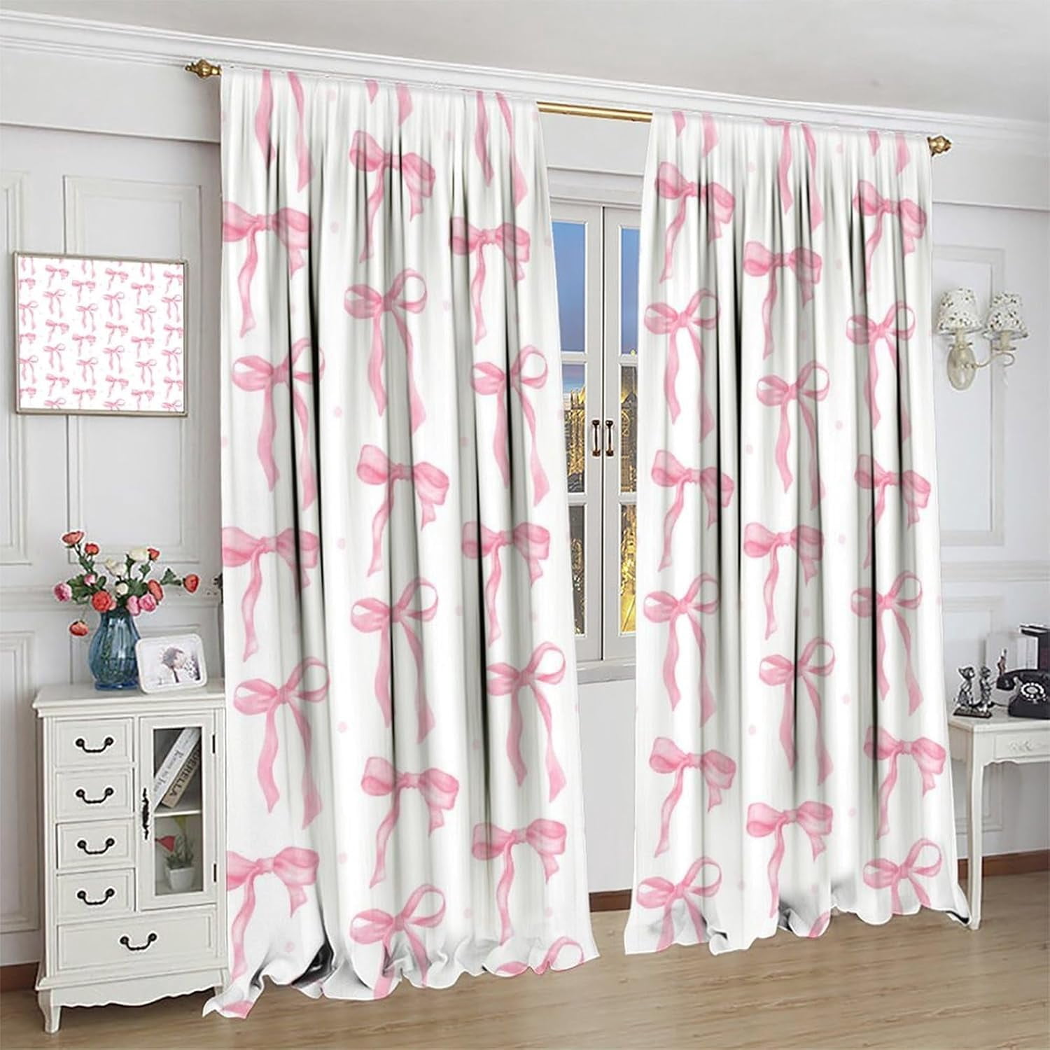 Pink Bow Curtains, Watercolor Cute Girls Pink Bow Modern Aesthetic Print Window Treatments for Kids Girl Bedroom Bathroom, 42x54in (No )