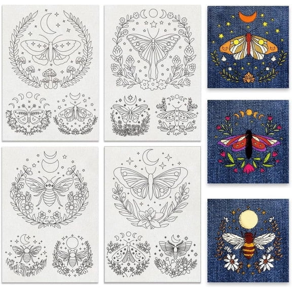 4 Sheets 12Pcs Moth Water Soluble Embroidery Patterns 11.7x8.3Inch Star Moon Flower Moth Combo Stick and Stitch Embroidery Paper Stabilizer