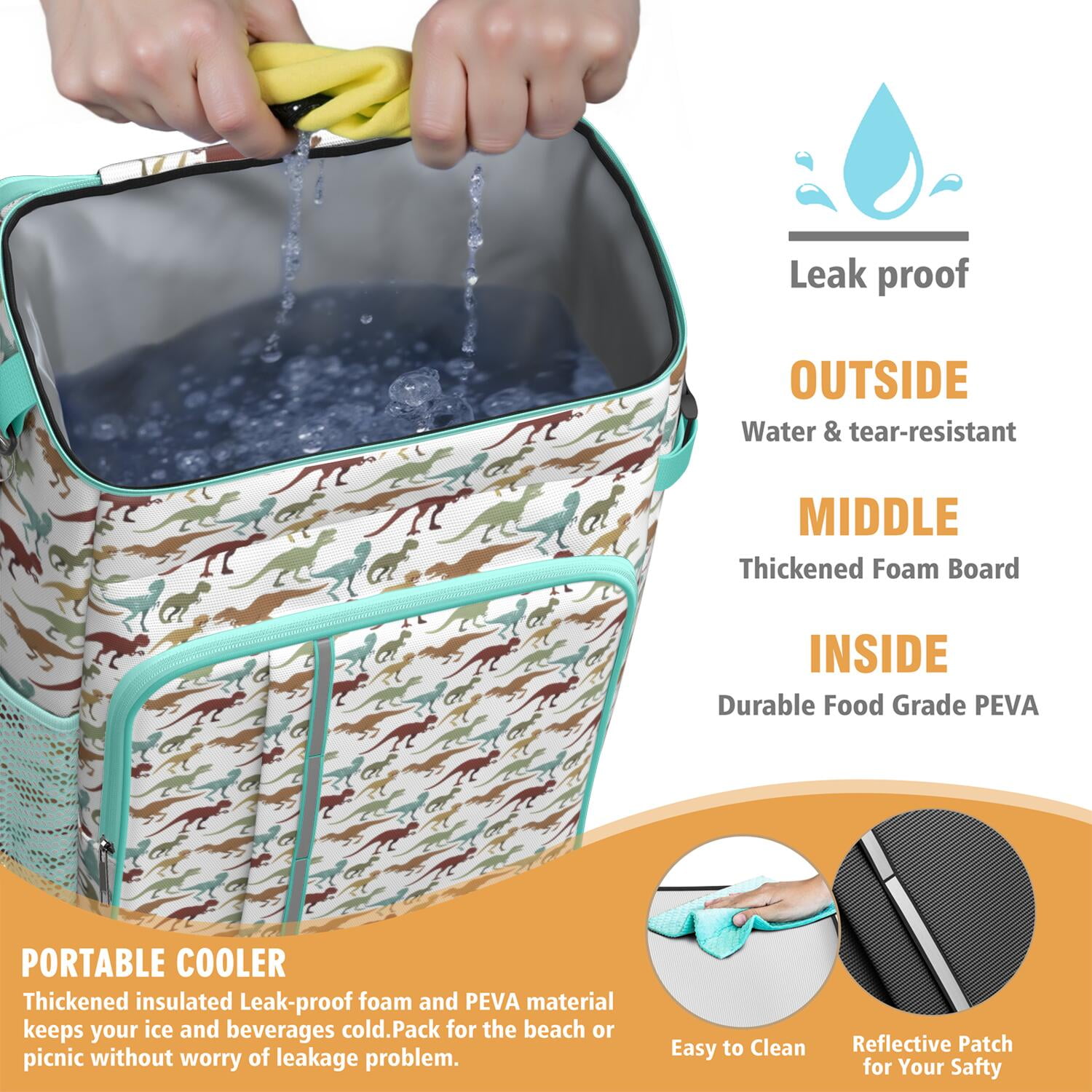 Travel Cooler Bag - White Dinosaur Silhouette Pattern Camping Beer Cooler Backpack with Bottle Opener- Waterproof Insulated Picnic Backpacks - Cooler Bag for Beach