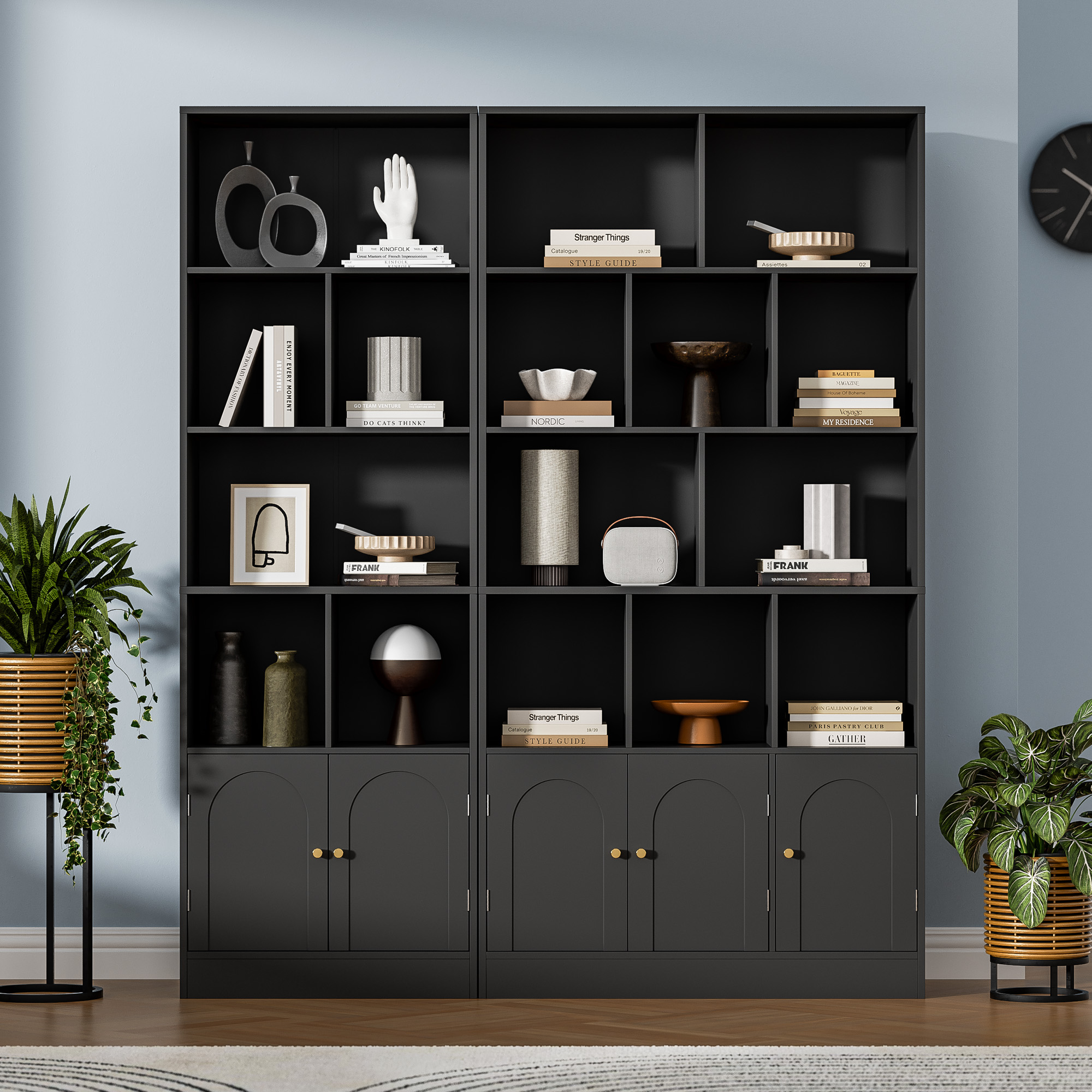 4-Tier Tall Bookshelf with 3 Doors, 71" Open Shelf Bookcase with 10 Cubes, Modern Cube Storage Organizer for Living Room, and Office, Black