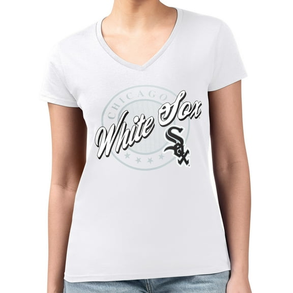 Women's G-III 4Her by Carl Banks  White Chicago White Sox Super-Slim Fit Lightweight Pinstripe Circle V-Neck T-Shirt
