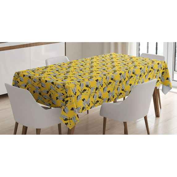 Dragonfly Tablecloth, Vintage Jumble Design Sketch of Nested Style Flying Insects Pattern, Rectangle Satin Table Cover for Dining Room and Kitchen, 52" X 70", Earth Yellow Dark Grey, by Ambesonne