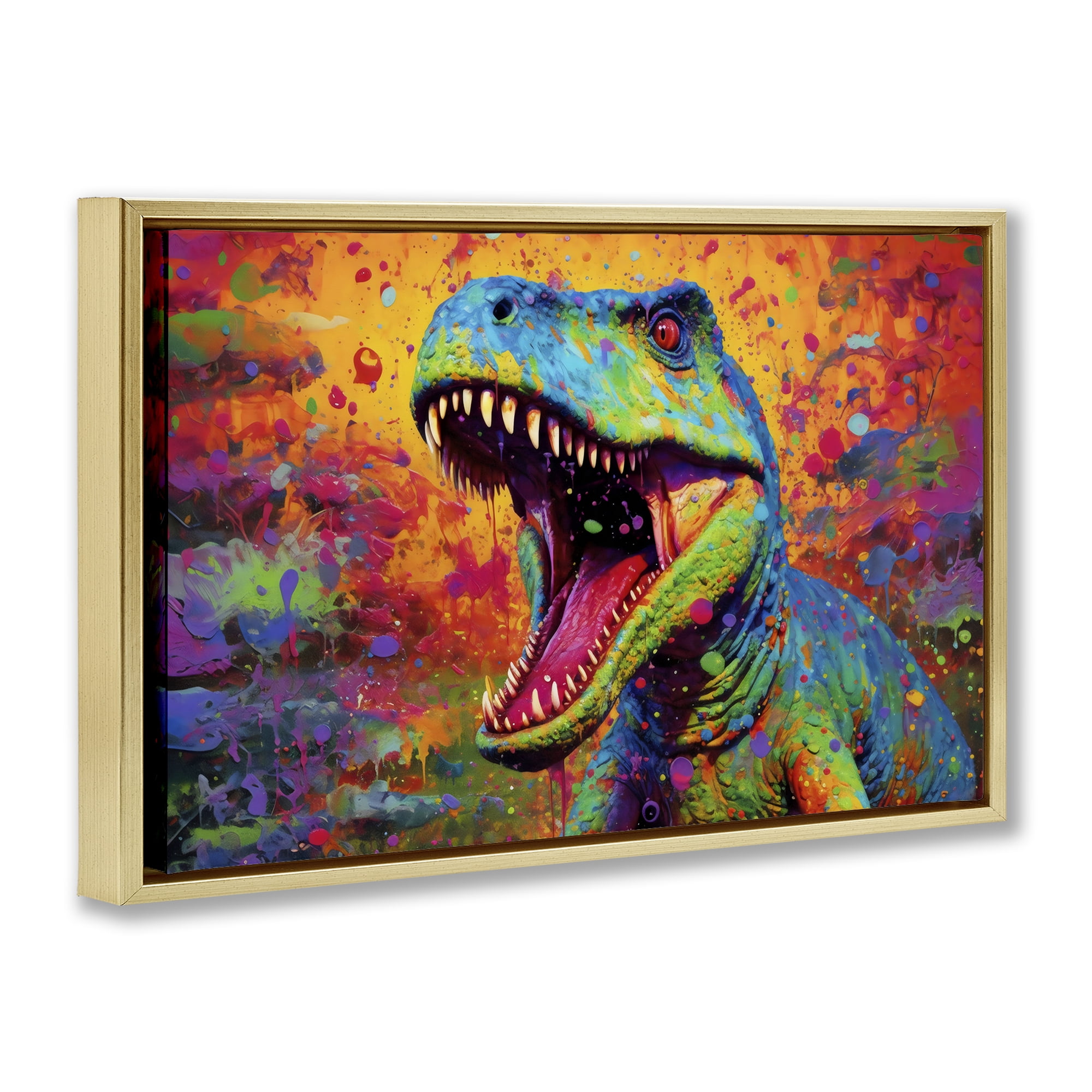 Stupell Industries Colorful T-Rex with Splatter Gold Framed Floater Canvas Wall Art, design by Creative Studio
