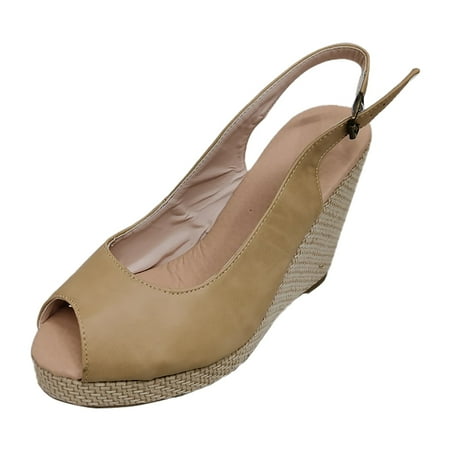 

Cathalem Women s Fish Mouth Back Hollow Shallow Straw Wedge Heel Foreign Trade Low Top PU Fashion Sandals Beige 41