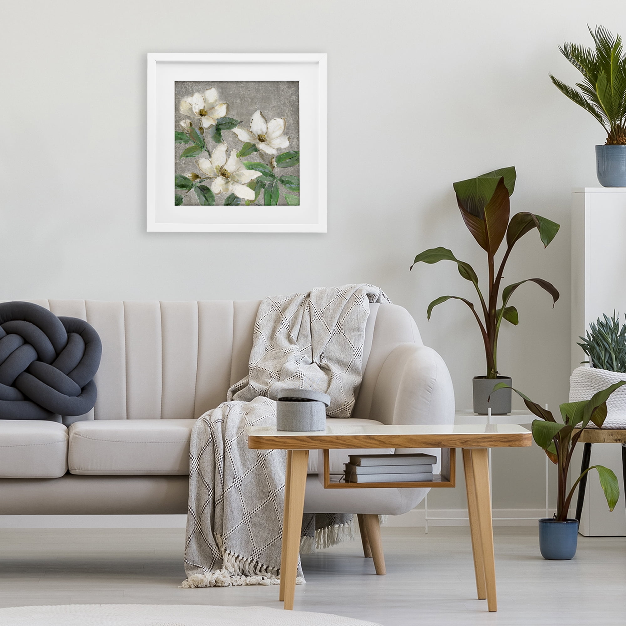 Stupell Industries Ivory Magnolias on Grey White Framed Print Under Glass, design by Sally Swatland