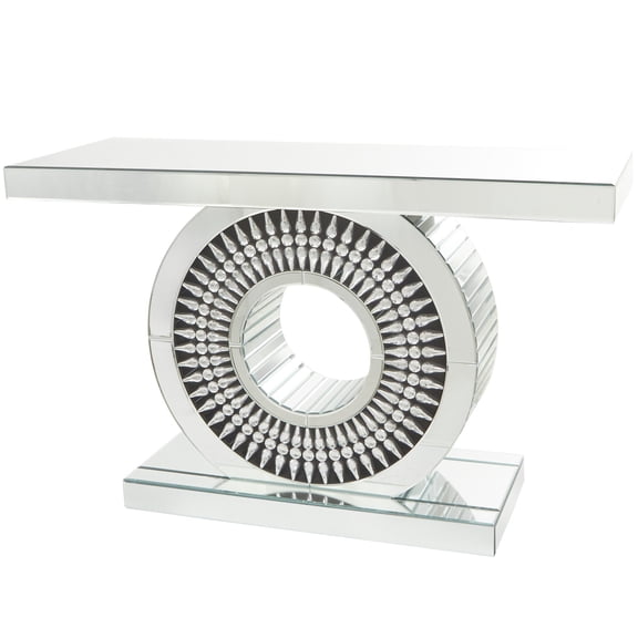DecMode 47" x 30" Silver Glass Mirrored Sun Console Table with Crystal Embellishment, 1-Piece
