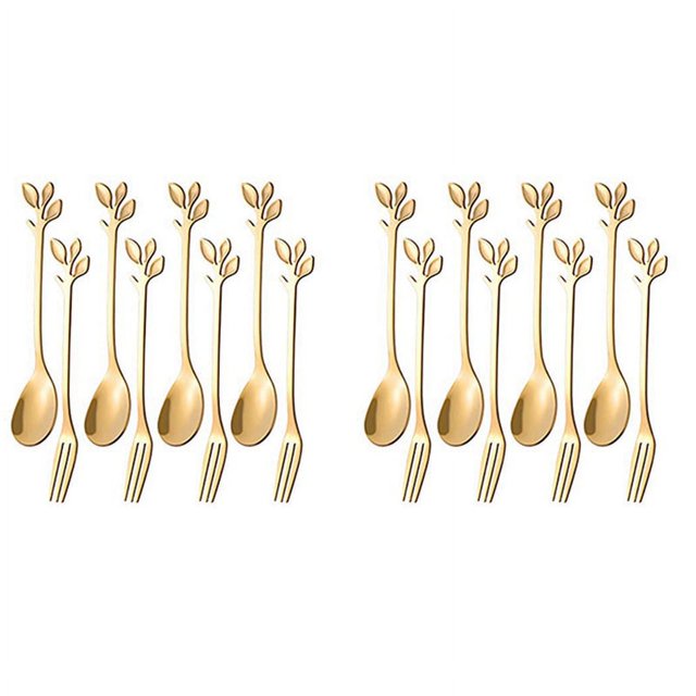 Juego de 32 cucharas y tenedores de postre, tenedores para tartas, cucharas de café, tenedores para frutas, acero inoxidable, dorado