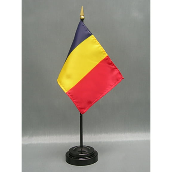 Made in The USA. 2 Romania Rayon 4"x6" Miniature Office Desk & Little Hand Waving Table Flags Includes 2 Flag Stands & 2 Small Mini Romanian Stick Flags, Also Includes Romania Flag Lapel Pin.