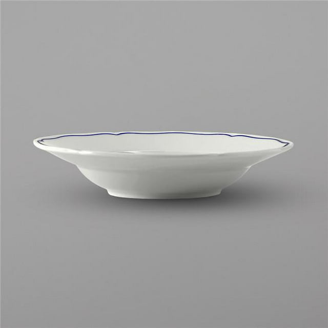 Tuxton SBD-090 9 oz Porcelain White Scalloped Blue Band Rim Soup Bowl