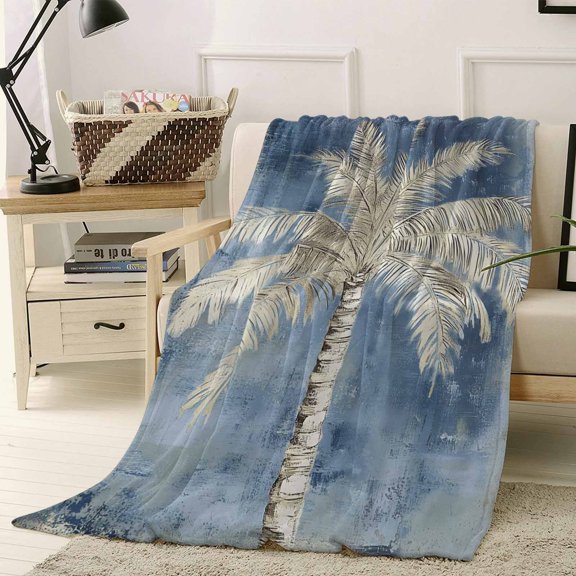 Throw Blanket Fleece Throw Blanket 30x40in, Tropical Large Palm Tree Soft Lightweight Bed Blankets Retro Blue Background Fuzzy Couch Blankets for All Season