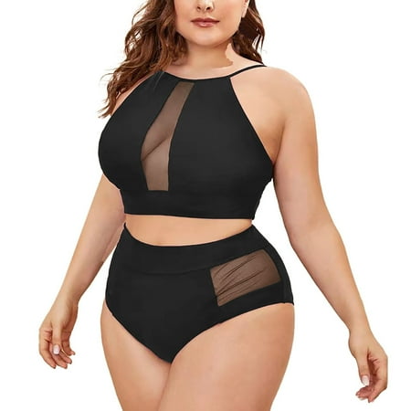 Womens Bikinis Summer Solid Color Mesh Spaghetti Strap Bra And Panty Set Split High Waist Briefs Two Piece Tankini Swimsuits For Women Activewear Black XXXXL