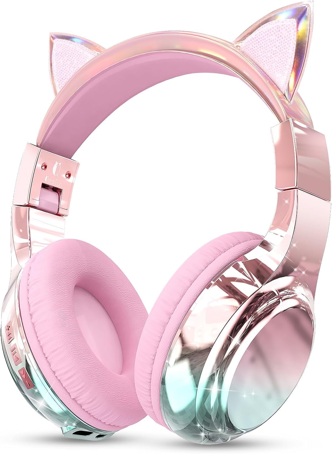 QearFun Kids Cat Ear Bluetooth Headphones, 60H Playtime, 3-Level 74/85/94dB Safe Volume Limit, Wireless Headset with Mic for Girls, Bluetooth 5.3, Foldable for School/Travel/Tablet - Pink
