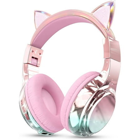 QearFun Kids Cat Ear Bluetooth Headphones, 60H Playtime, 3-Level 74/85/94dB Safe Volume Limit, Wireless Headset with Mic for Girls, Bluetooth 5.3, Foldable for School/Travel/Tablet - Pink